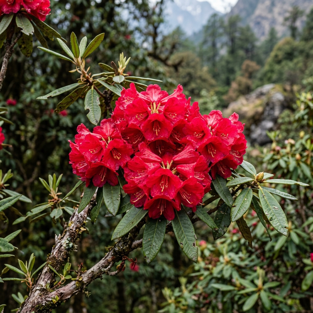Vibrant red Rhododendron Buransh blossoms